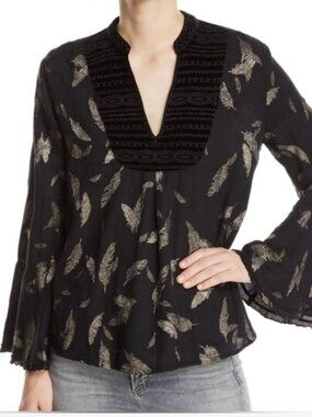 JOHNNY WAS Workshop Black Gold Feather Long Bell Sleeve Blouse Size XS